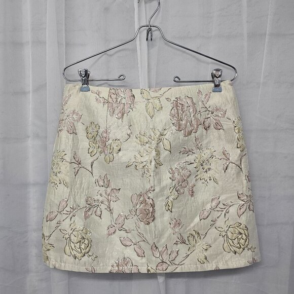 NWT Lulus Cream Pink Brocade Floral Mini Skirt Satin Metallic Coquette M - Picture 1 of 10
